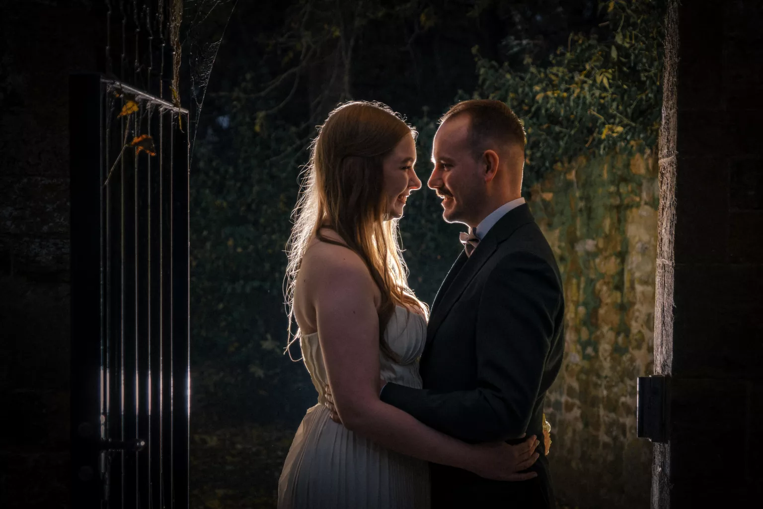 backlit flash wedding couple portrait